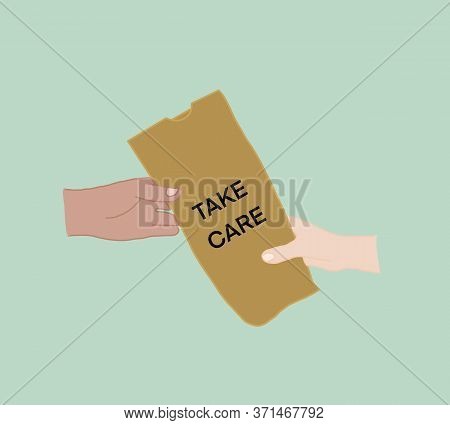 White People Giving Food With Take Car Word On Paper Bag To Black People.support Black Lives Matter 