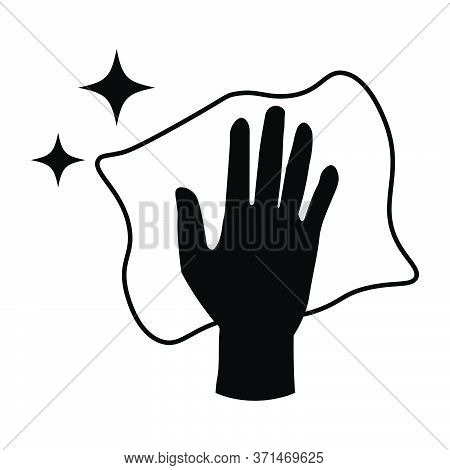 Hand Arms Wiping Cleaning With Cloth And Sparkling Stars. Black Illustration Isolated On A White Bac