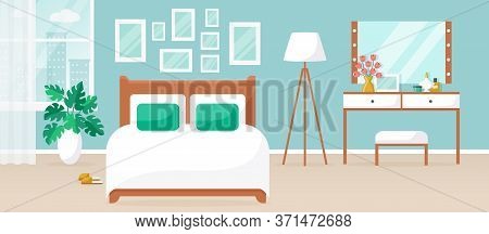 Bedroom Interior. Vector Illustration. Design Of A Modern Room With Double Bed, Dressing Table, Wind