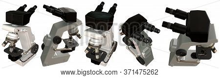 Many Images Of Professional Microscope With Fictive Design Isolated On White - Realistic Medical 3d 