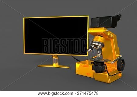 Golden Laboratory Microscope, System Block And Empty Display Isolated, Photorealistic Medical 3d Ill