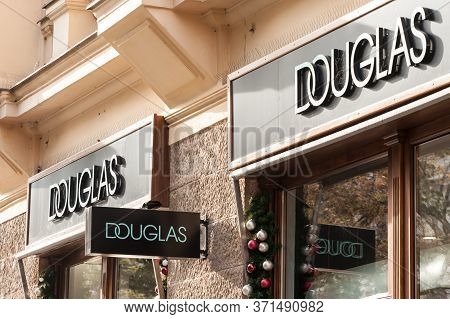 Prague - Czechia, November 1, 2019: Douglas Cosmetics Logo On Their Main Shop In Prague. Douglas Is 