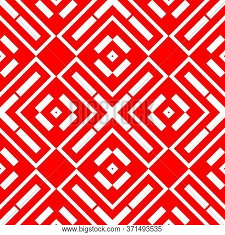White Repeated Geometric Figures On Red Background. Seamless Surface Pattern Design With Symmetrical