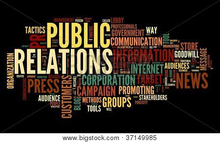 Pojęcie public relations w chmury tagów słowo na czarnym tle