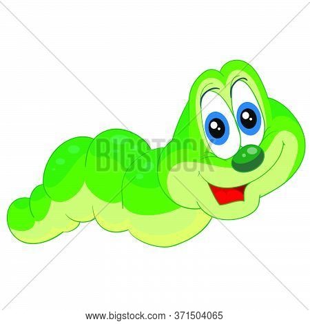 Cute Green Worm Character In Green Light, Cartoon Illustration, Isolated Object On A White Backgroun