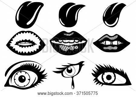 A Set Of Nine Drawn Elements, Tongues, Lips, And Eyes. Set For Various Applications Brochures, Poste