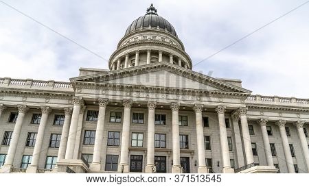 Panorama Utah State Capital Building With Stairs Leading To The Pedimented Entrance