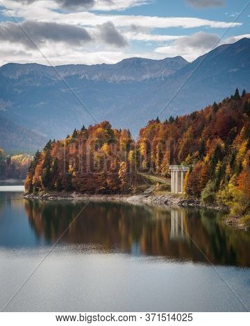 Autumn At Sylvenstein Reservoir In Bavaria, Germany