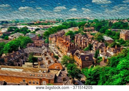 Panoramic Of Downtown Streets With Roofs And Trees In A Bucolic Summer Day At Nottingham. A City Fam
