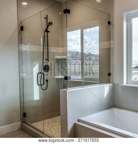 Square Rectangular Walk In Shower Stall With Half Glass Enclosure And Black Shower Head