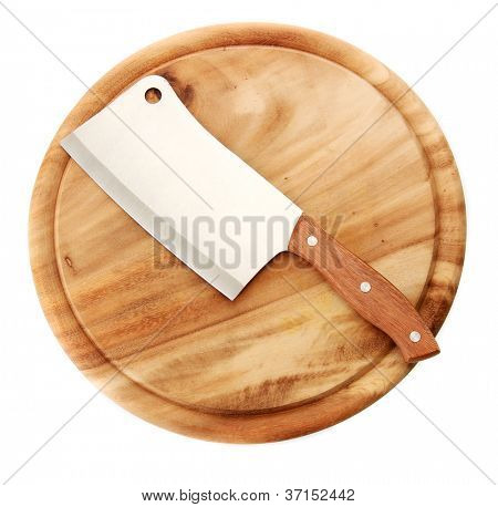 mannaia di carne sul tagliere isolata on white