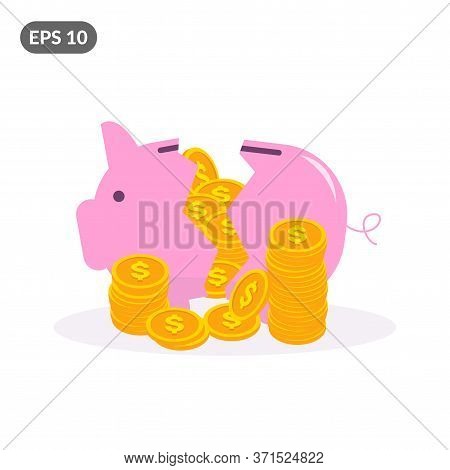 Cracked Pink Piggy Bank With Piles Of Golden Dollar Coins. Broken Pink Coin Box In Flat Style