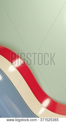 Blue, White And Red Shiny Curve Shapes On Beige Background. Abstract 3d Design.