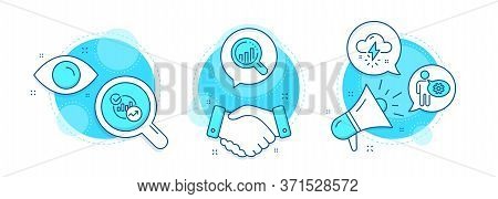 Cogwheel, Statistics And Thunderstorm Weather Line Icons Set. Handshake Deal, Research And Promotion