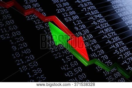 Stock Market On Uncertain Trend. Bull Vs Bear Concept. Opposing Red And Green Arrows Over Financial 