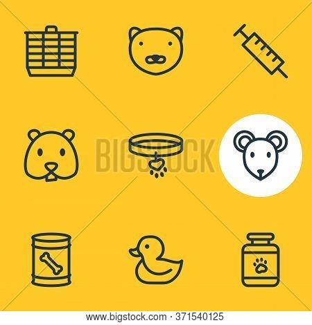 Vector Illustration Of 9 Pet Icons Line Style. Editable Set Of Dog Food In Can, Mouse, Hamster Cage 
