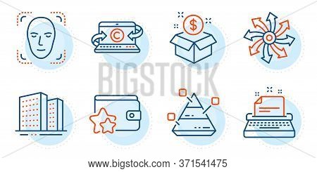 Typewriter, Post Package And Copywriting Notebook Signs. Pyramid Chart, Face Detection And Buildings