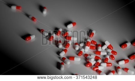 Red And White Pills On White Background. Prescription Drugs Addiction Concept, Pharmaceutical Indust