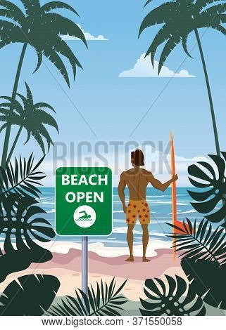 Summer Beach Banner Open Surfer With Surfboard. Seascape Ocean Shore Tropical Flora Palms. Opening S