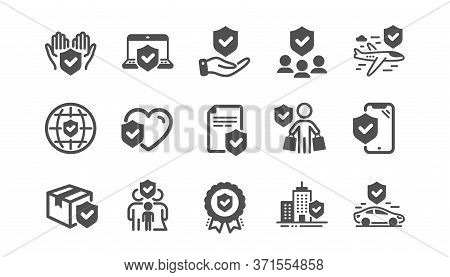 Insurance Icons Set. Health Care, Car Accident, Risk Service. Care Insurance, Flight Protection Icon