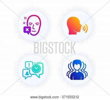 Human Sing, Time Management And Face Declined Icons Simple Set. Button With Halftone Dots. Group Sig