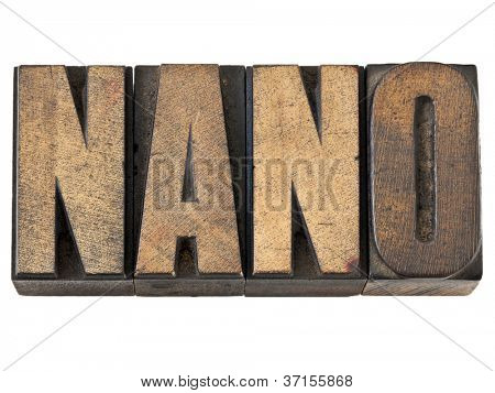 Nano slovo (jedna miliardtina Předpona nebo velmi malém měřítku) - samostatný text v dřevo typ vintage knihtisk