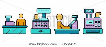 Cashier Icon Set. Outline Set Of Cashier Vector Icons Thin Line Color Flat Isolated On White