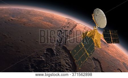 Mars Reconnaissance Orbiter, Mro Orbiting Mars. Mars Planet Rotating In The Outer Space.traveling To