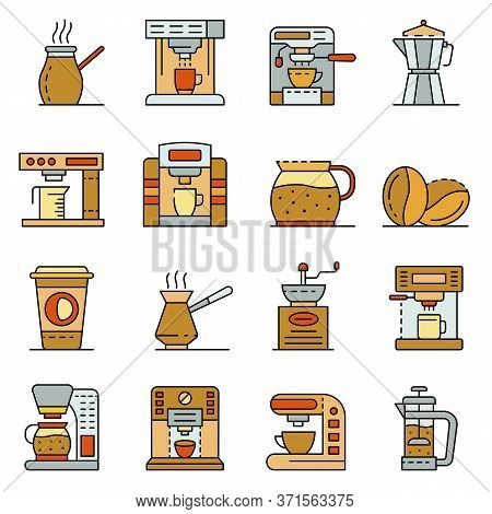 Coffee Maker Icons Set. Outline Set Of Coffee Maker Vector Icons Thin Line Color Flat Isolated On Wh