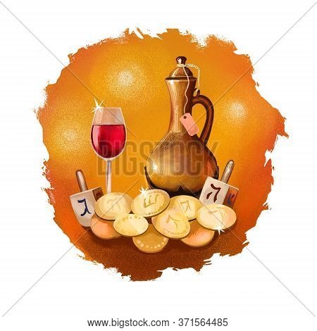 Happy Hannukah, Chanukah Digital Art Illustration. Religious Jewish Holiday Commemorating The Rededi