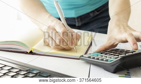 Close Up Of Wooden Office Desk. Debica, Poland
