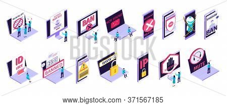 Isometric Internet Blocking Purple Icon Set With Blacklist Account Blocked Ban Not Found Account Del