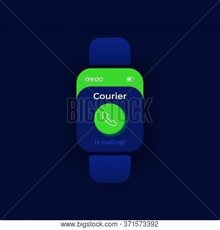 Courier Call Smartwatch Interface Vector Template. Mobile App Notification Night Mode Design. Order 