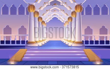 Castle Corridor With Staircase, Columns And Arches. Palace Entrance With Pillars And Illumination. M