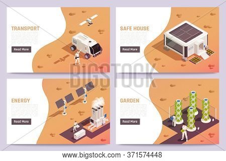 Space Colonization Isometric Horizontal Banners Set With Space Transport Garden House Solar Energy P