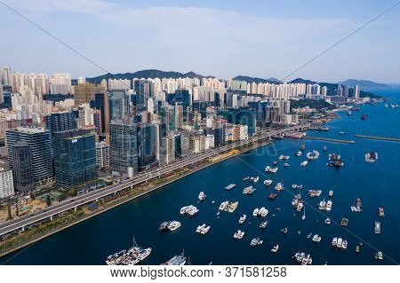 Kwun Tong, Hong Kong 13 April 2020: Aerial view of Hong Kong city