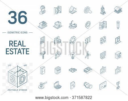 Real Estste And Rent Apartment Isometric Line Icons. 3d Vector
