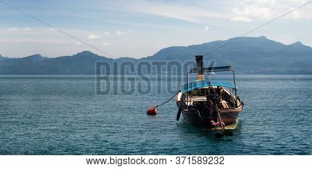 Oceanside Lanscape View From Phuket Thailand With Fisherman Wood Boat To Fishing. Panorama Banner Si