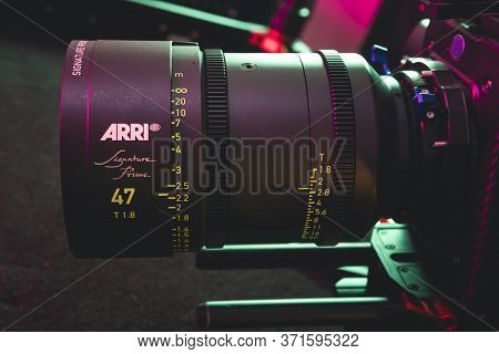 Kyiv, Ukraine - 04.17.2020: Studio Shoot Of Professional Lens Arri Signature Prime, Close-up. Profes