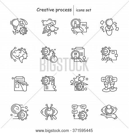 Creative Process Icons Set. Linear Pictograms For Design And Development Process Stages, From Idea T