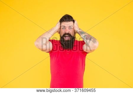 All Is Lost. Desperate Looser Yellow Background. Crazy Hipster Feel Lost. Bearded Man Hold Head In F