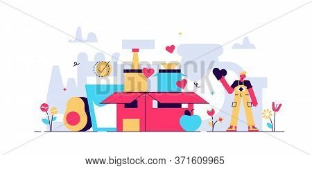 Food Drive Vector Illustration. Flat Tiny Grocery Charity Persons Concept. Canned Lunch Donation To 