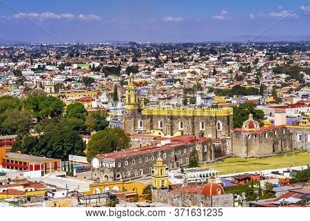 Cholula, Puebla, Mexico - January 5, 2019 Overlook Colorful Churches Cityscape Restaurants Shops Cho