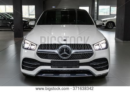 Novosibirsk/ Russia - April 28, 2020: White Mercedes-benz Gle -class, Front View.  New  Luxury Long 