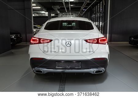 Novosibirsk/ Russia - April 28, 2020: White Mercedes-benz Gle -class, Back View.  New  Luxury Long C