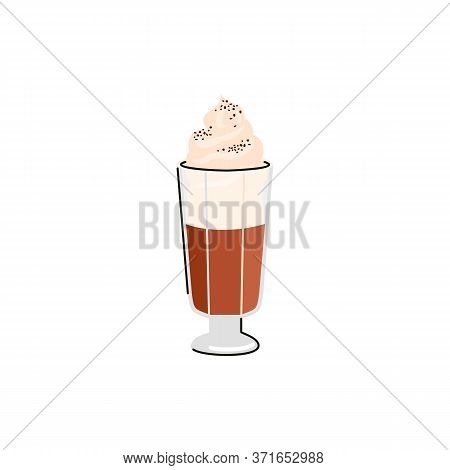 Coffee Drink With Top Of Whipped Cream In Tall Glass, Flat Vector Illustration Isolated On White Bac
