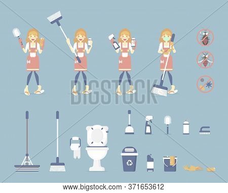 Set Of Female Housekeeper, Woman Holding Toilet Brush And Sponge, Cleaning Toilet, Bathroom With Mop
