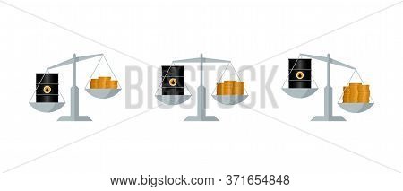 Oil Market Dynamics - Libra With Barrel On Left Scale And Money Coins Stack On Right Scale - Three V