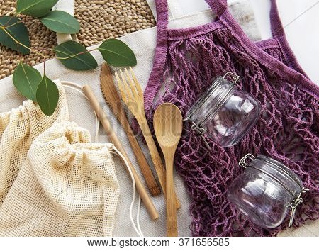 Cotton Bags, Net Bag With Reusable  Glass Jars And Bamboo Cutlery. Zero Waste Concept. Eco Friendly.