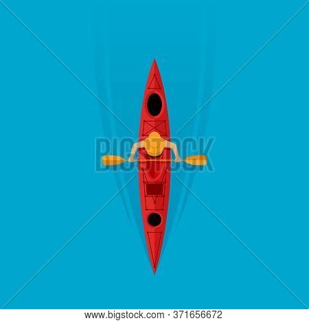 Kayaking Top View - Oarsman Boating On The River Surface - Vector Illustration For Actove Sports, Le